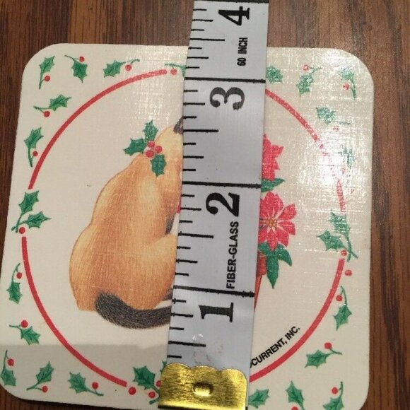 Vintage Christmas Coasters Siamese Cat Poinsettia Holly 6pc Cork Back Y2K Retro - Picture 7 of 8